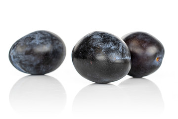 Group of three whole fresh purple plum front focus isolated on white background