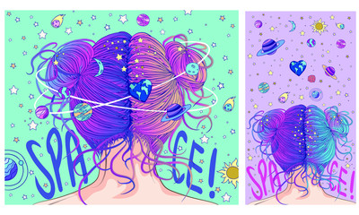 Cosmos enjoys the girl from the backand the planets above her head against the backdrop of the universe. Can be printed on t-shirts, bags, posters, invitations, cards, phone cases, pillows.