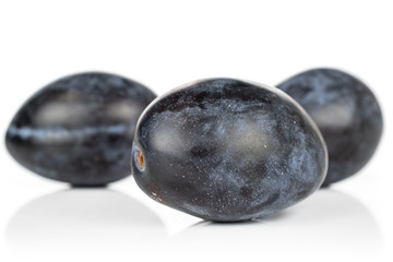 Group of three whole fresh purple plum front focus isolated on white background