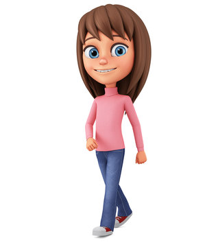 Cartoon girl character is walking on a white background. 3d rader illustration.