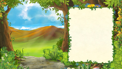 cartoon scene with mountains valley near the forest with frame for text illustration for children
