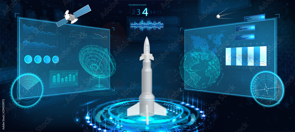 Poster Spacecraft futuristic HUD panel. Space launch rocket with isometric high-tech interface. Sky-fi dashboard , instrument panel, radars, space dish, 3d spaceship, space satellite in the HUD style. Vector