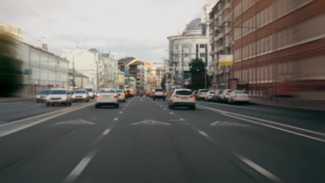 Hyperlapse view from the moving car. POV. Moscow. Day time. Good for concepts such as futuristic cityscape, city life, etc. Amazing architecture. Ultra HD stock footage. Time Lapse