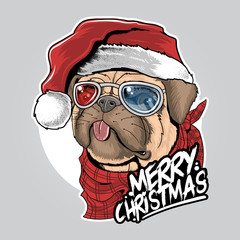 PUG PUPPY DOG SANTA CLAUS CHRISTMAS CUTE FACE ARTWORK VECTOR