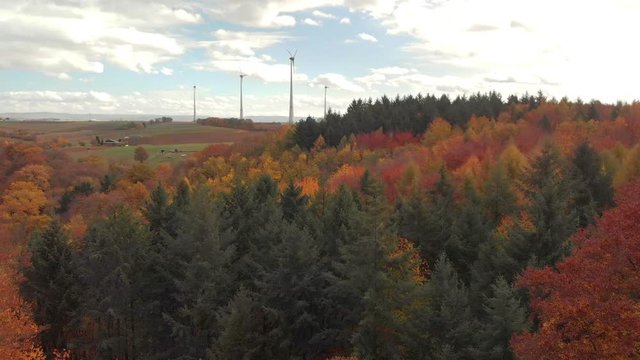 Breathtaking aerial drone shot through the autumn forest in Germany