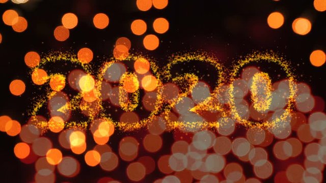 Happy new year 2020 sparkling year lettering with fireworks particles background. Merry Christmas and Happy New Year background.