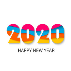 2020 Happy New Year greeting card with fluid paper cut shapes background. 2020 calligraphic numbers cut of origami paper,