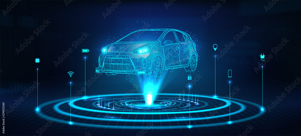Poster Hologram auto, futuristic polygonal model auto. Smart auto ai.  Wireframe in line low-poly style. Smart automobile. Vector illustration in futuristic style