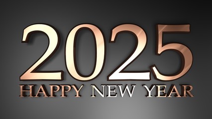 2025 Happy New Year copper write on black background - 3D rendering illustration