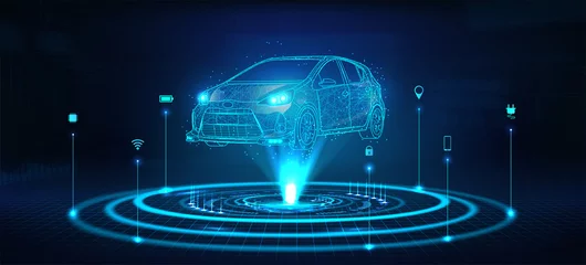 Foto op Canvas Hologram auto, futuristic polygonal model auto. Smart auto ai.  Wireframe in line low-poly style. Smart automobile. Vector illustration in futuristic style © SergeyBitos