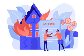 Burn house, flaming building. Insurance agent and customer flat characters. Fire insurance, fire economic losses, protect your property concept. Pinkish coral bluevector isolated illustration