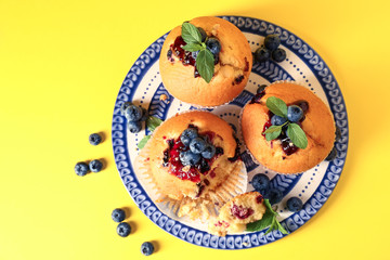 Plate with tasty blueberry muffins on color background