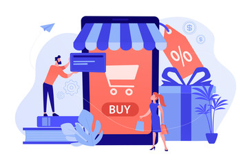 A couple near huge smartphone with buy icon on the screen make online purchases. Smart retail, retail mobility solutions, IoT and smart city concept, violet palette. Vector illustration on background.