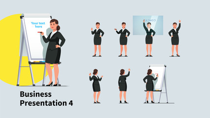 Business teacher woman giving lecture poses set