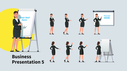 Business teacher woman giving lecture poses set.
