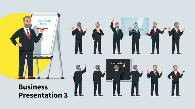 Business teacher man giving lecture poses set