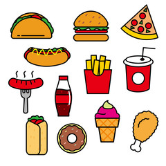 Set of fast food vector illustration isolated on white background. Fast food cartoon, fast food clip art