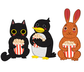 Set of characters with popcorn isolated on a white background.
