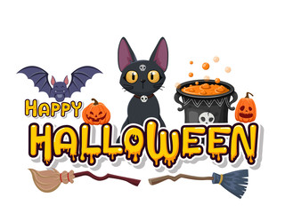 Happy Halloween pumpkin, cat, skull, bat, brooms, witches cauldron. Concept cartoon Halloween day elements. Vector clipart illustration