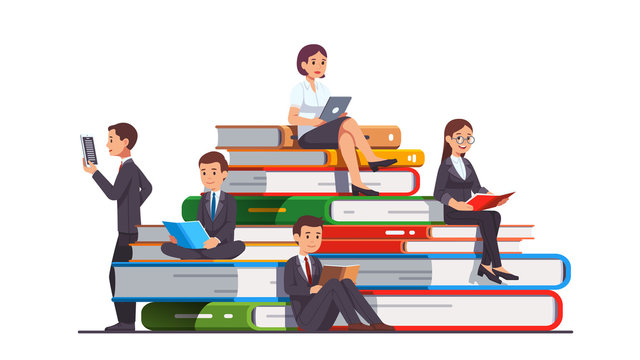 Business people sitting on a big stack of books