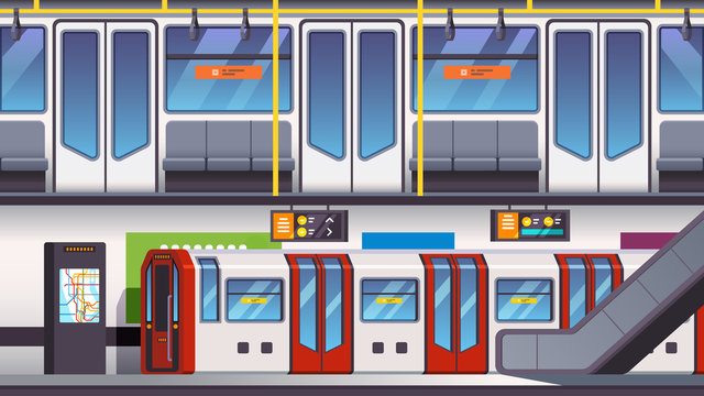 City underground subway transit station with train