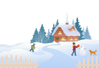 Winter scene with kids and snowman, snow covered country cottage