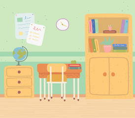Education place, geography classroom, globe and books. Knowledge symbol, furniture in class, back to school, lessons element, nobody indoor, planet vector. Back to school concept. Flat cartoon