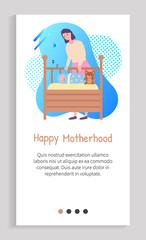 Happy motherhood web, mother standing near wooden baby bed with sleeping newborn and teddy toy. Portrait view of parent and little child. App slider for website, landing page application flat style