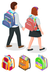 Set of bags and pupils vector, isolated boy and girl walking holding hands. Schoolboy and schoolgirl, characters with satchels on shoulders isometric 3d style. Back to school concept. Flat cartoon