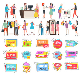 Shopping people in stores vector, isolated banners and labels. Best price and reduction of cost, cashier on counter, shopper man choosing clothes. Black friday. Business sale stikers. Flat cartoon