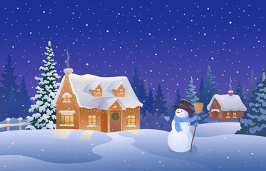 Christmas night village and greeting snowman