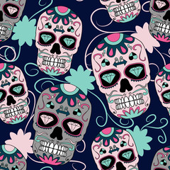 Day of the dead sugar skull with floral ornament in seamless pattern. colorful.