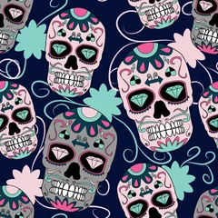 Wall murals Human skull in flowers Day of the dead sugar skull with floral ornament in seamless pattern. colorful.