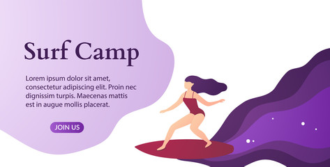 Surf camp web landing page in flat trendy style girl surfing the waves background. Vector eps10.