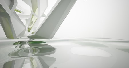Abstract architectural white and glass gradient color interior of a minimalist house with water. 3D illustration and rendering.