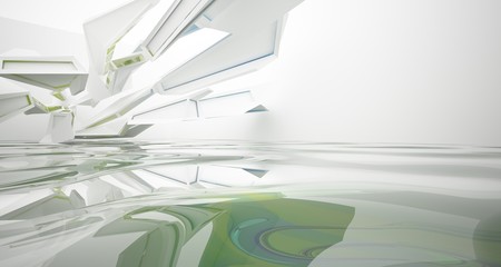 Abstract architectural white and glass gradient color interior of a minimalist house with water. 3D illustration and rendering.