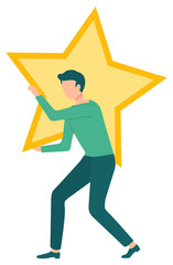 Man character holding star, icon of best service for business. Company satisfaction, symbol of reputation and professional, quality and status, win. Vector illustration in flat cartoon style