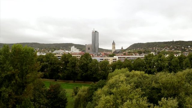 The skyline of Jena. A city famous for its university and scientific Research in Eastern Germany. Drone shot filmed on a cloudy day.