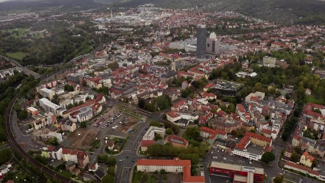 Wide aerial view on the city of Jena in Eastern Germany. The scientific city lies in the forests of Thuringia.