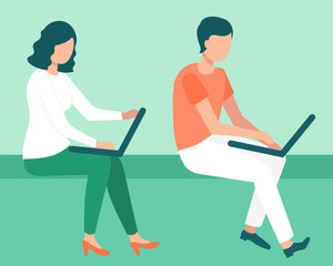 Man and woman using computer, company startup and success. People developing best service for business, worker communication with laptop, work. Vector illustration in flat cartoon style