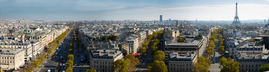 Cityscape of Paris with the Eiffel Tower and apartment buildings aerial view