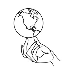 Hand holds earth or globe illustration. Outline thin line icon. Isolated on white background. 