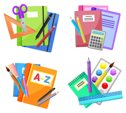 Colorful school supplies isolated on white. Set of copybook, pencils, scissors, ruler, textbooks, watercolor paints, paintbrush vector illustration. Back to school concept. Flat cartoon
