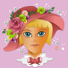 Illustration of a woman wearing a red hat and decorated with flowers on pink background