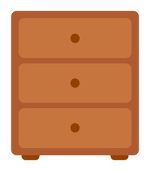 Chest of drawers with brown handles isolated on white. Old wooden commode, bedside table, classic nightstand. Furniture for bedroom. Vector illustration in flat cartoon style