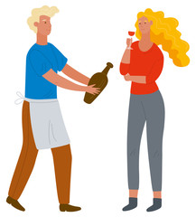 Man with bottle offering red wine to woman with glass. Female character tasting alcoholic beverage from grapes. Male waiter in apron. Vector illustration in flat cartoon style