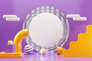3d scene render of abstract geometric shape purple background accent. Illustration 3d rendering graphic design and white circle text copy space with yellow tube, ball sphere, cloud in minimal styles.