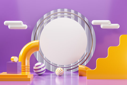 3d Scene Render Of Abstract Geometric Shape Purple Background Accent. Illustration 3d Rendering Graphic Design And White Circle Text Copy Space With Yellow Tube, Ball Sphere, Cloud In Minimal Styles.