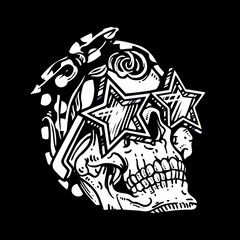 grunge style skull head wearing glasses,.vector hand drawing,Shirt designs, biker, disk jockey, gentleman, barber and many others.isolated and easy to edit. Vector Illustration