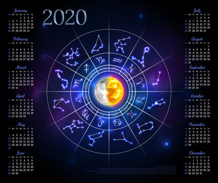 Calendar layout for 2020 year with zodiac circle. Horoscope wheel with star constellations and zodiac signs on deep blue background. Astrology predictions vector illustration. Week starts from Sunday.